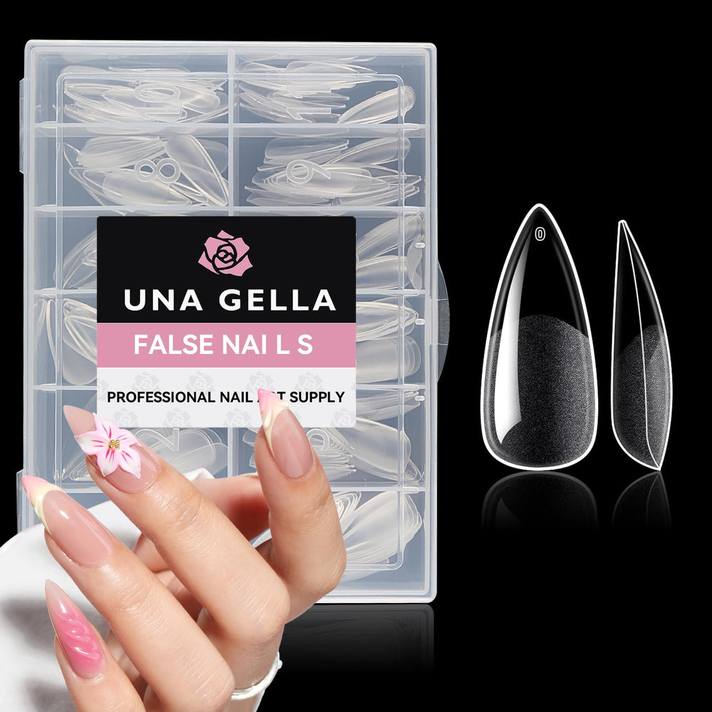UNA GELLA tips stiletto almendra full-cover 216 piezas para acabado duradero.