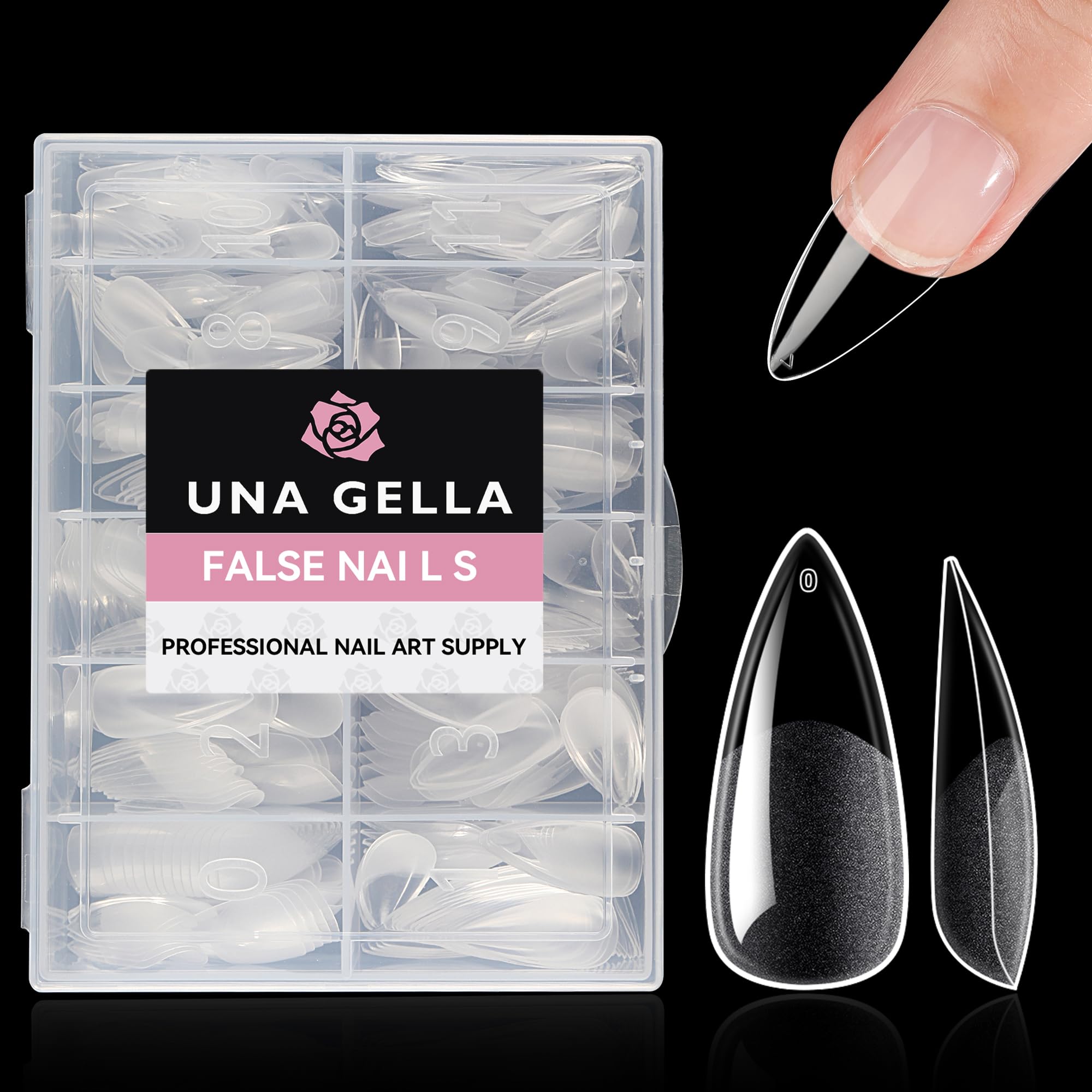 UNA GELLA puntas estileto gel transparentes para acabado claro y adherencia firme.