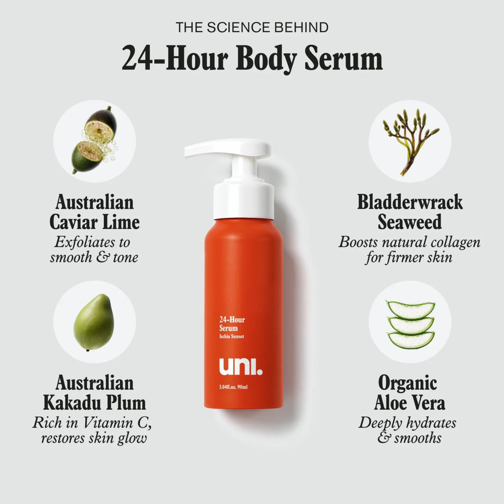 Uni 24 Hour Serum during morning routine suggests versatile day and night use.