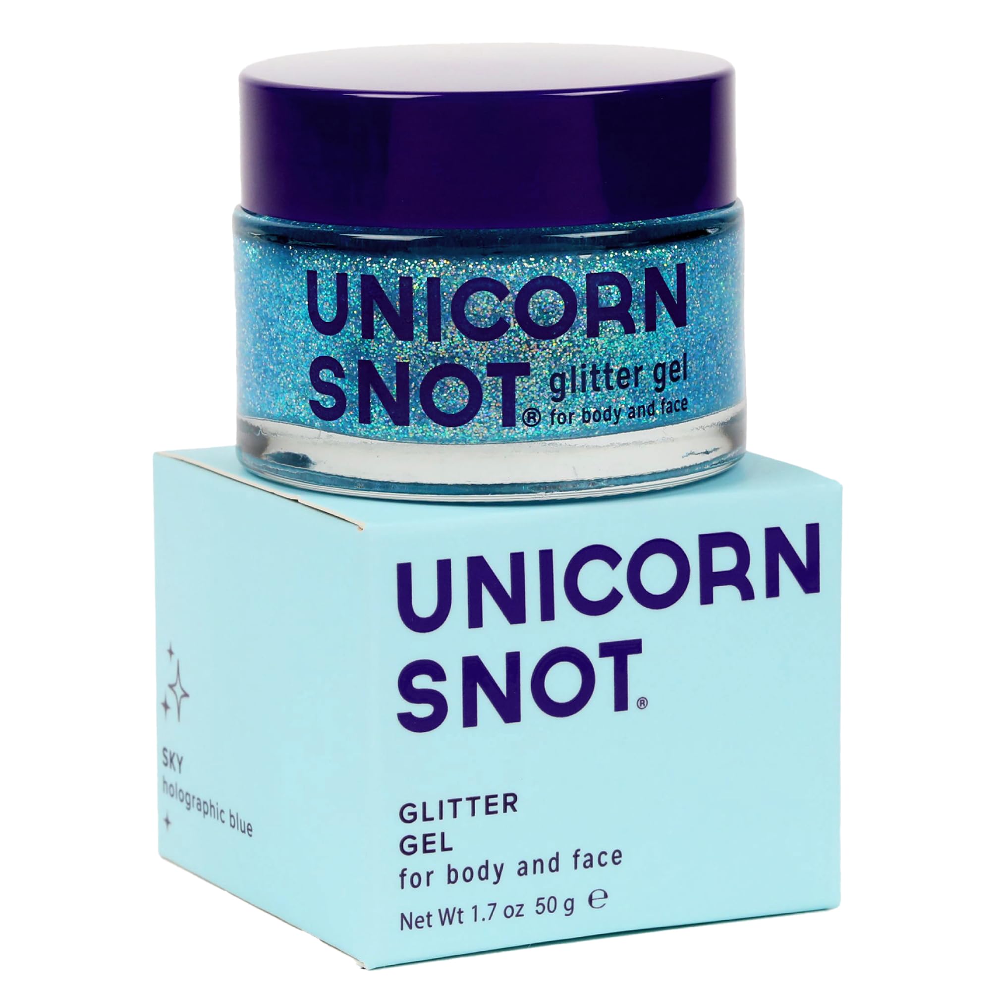 Unicorn Snot gel brillo azul para la cara con brillo holográfico duradero.