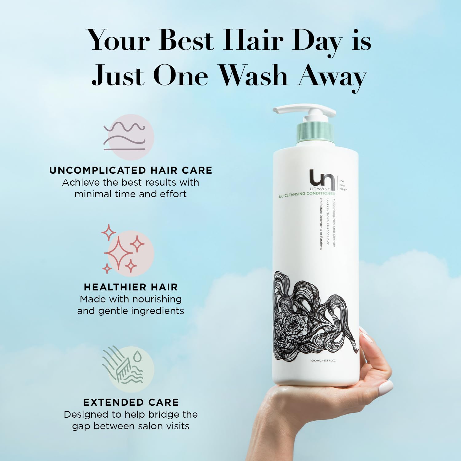 Brillo natural del cabello tras usar Unwash Bio-Limpiador-Acondicionador