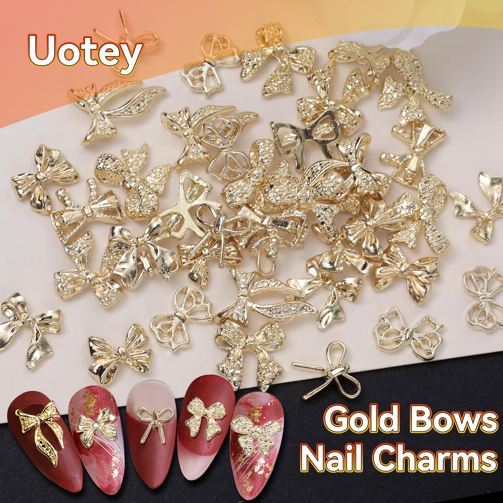 Uotey adornos de uñas lazo oro para manicura casera y profesional.