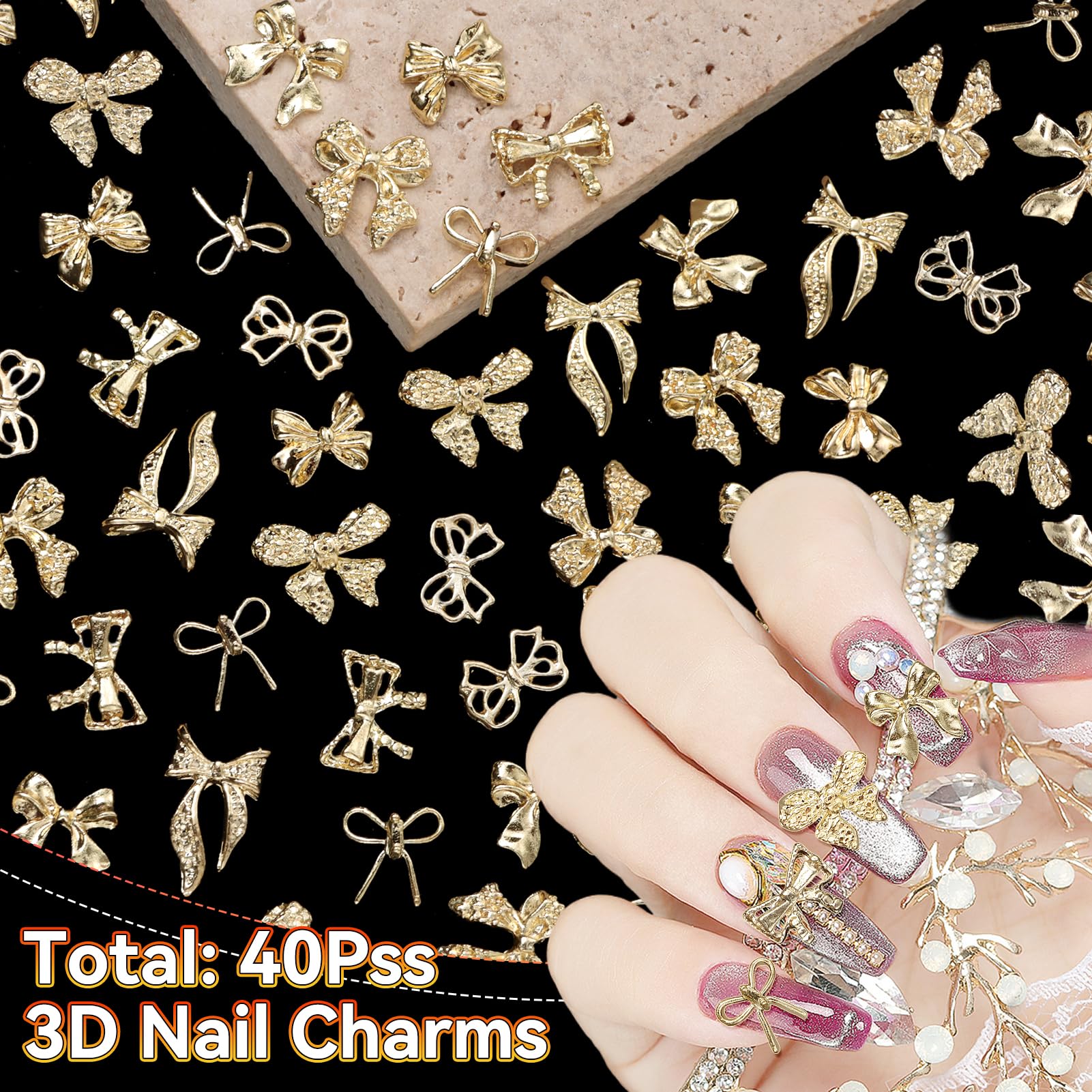 Uotey lazos dorados para uñas con brillo duradero y estilo glam.
