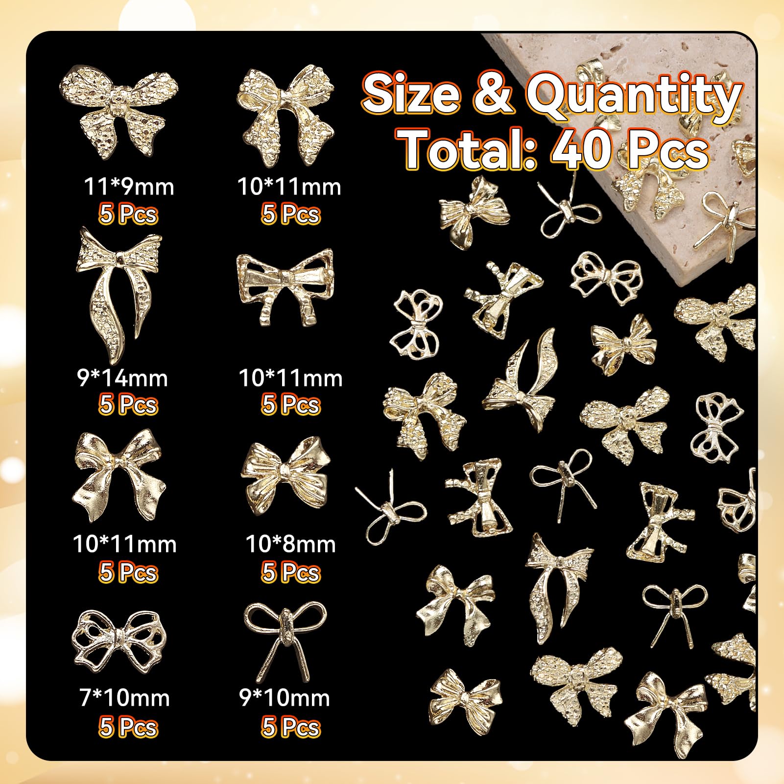 Uotey charms lazo tridimensional oro para decoraciones de uñas brillantes.