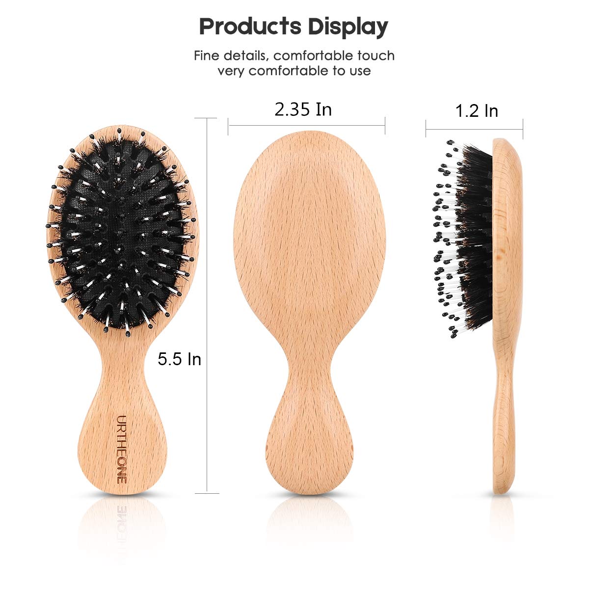 URTHEONE cepillo mini con cerdas de jabalí para cabello seco, distribuye aceites y brillo.
