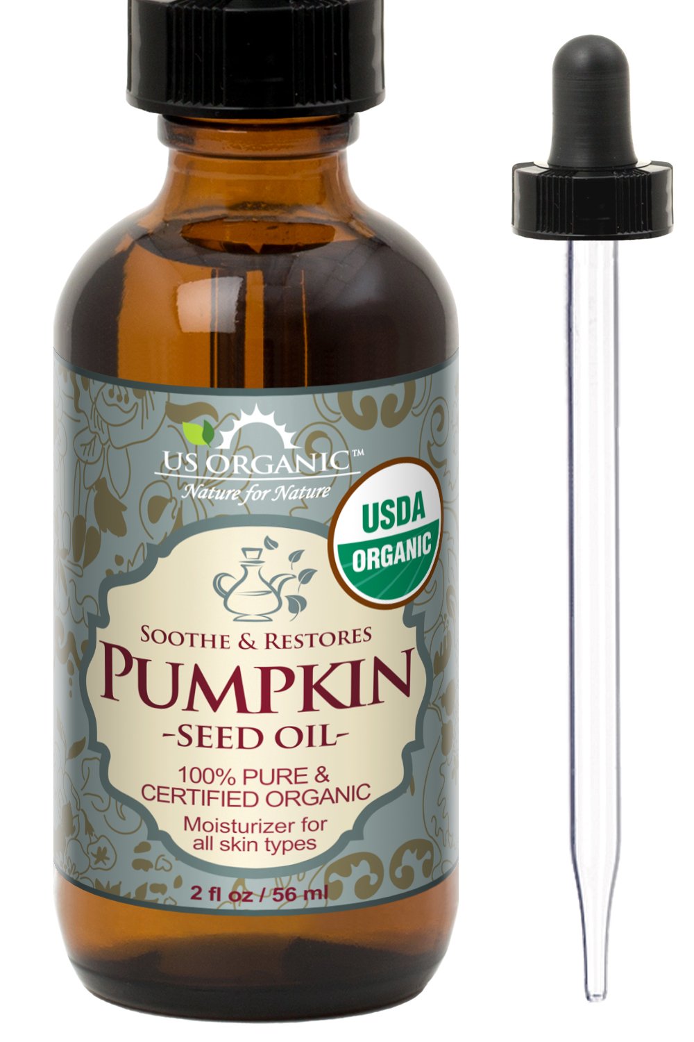 US Organic Aceite de Semilla de Calabaza en frasco ámbar, aroma suave y nutritivo para la piel
