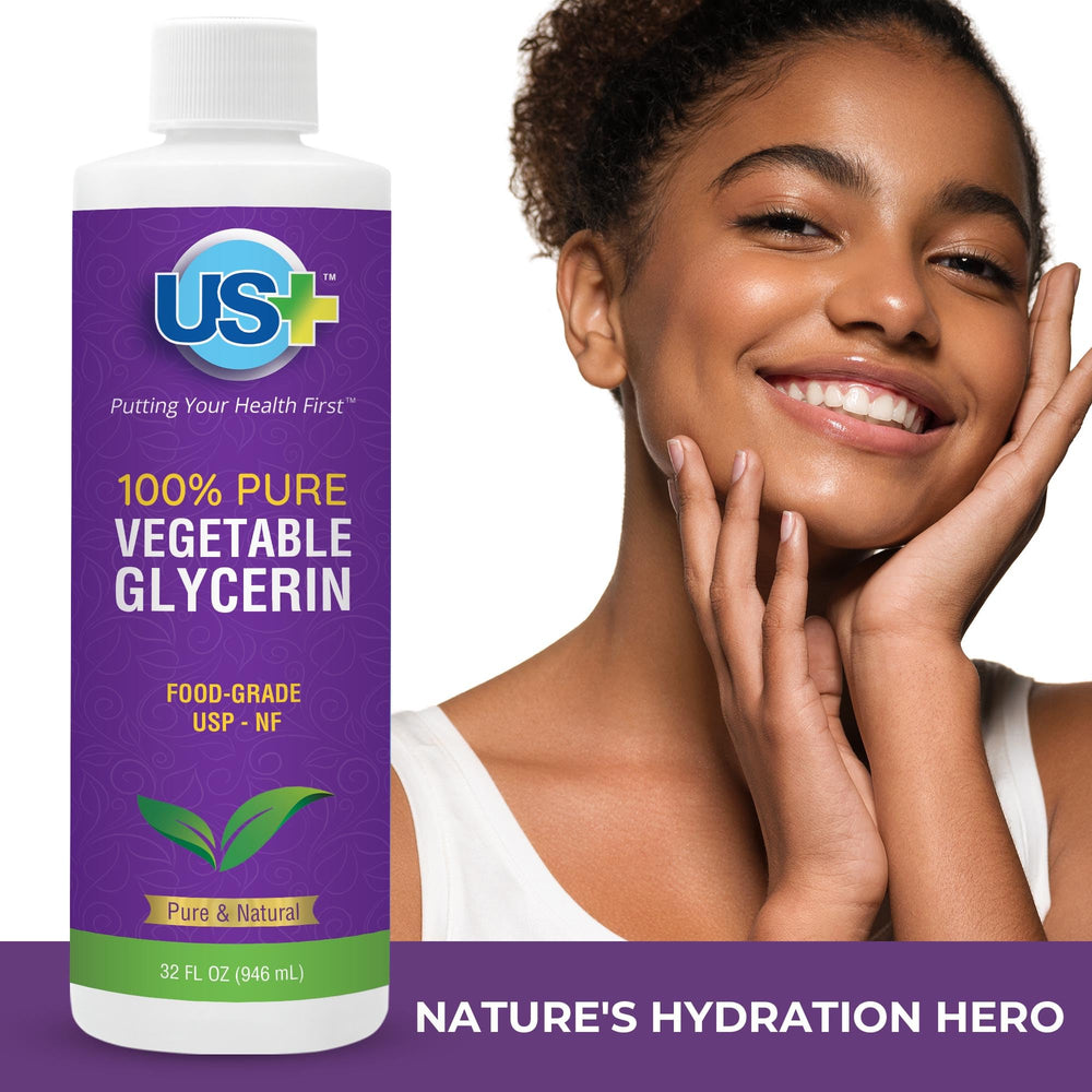 US+ glycerin label emphasizes USP-grade purity and all-natural ingredients