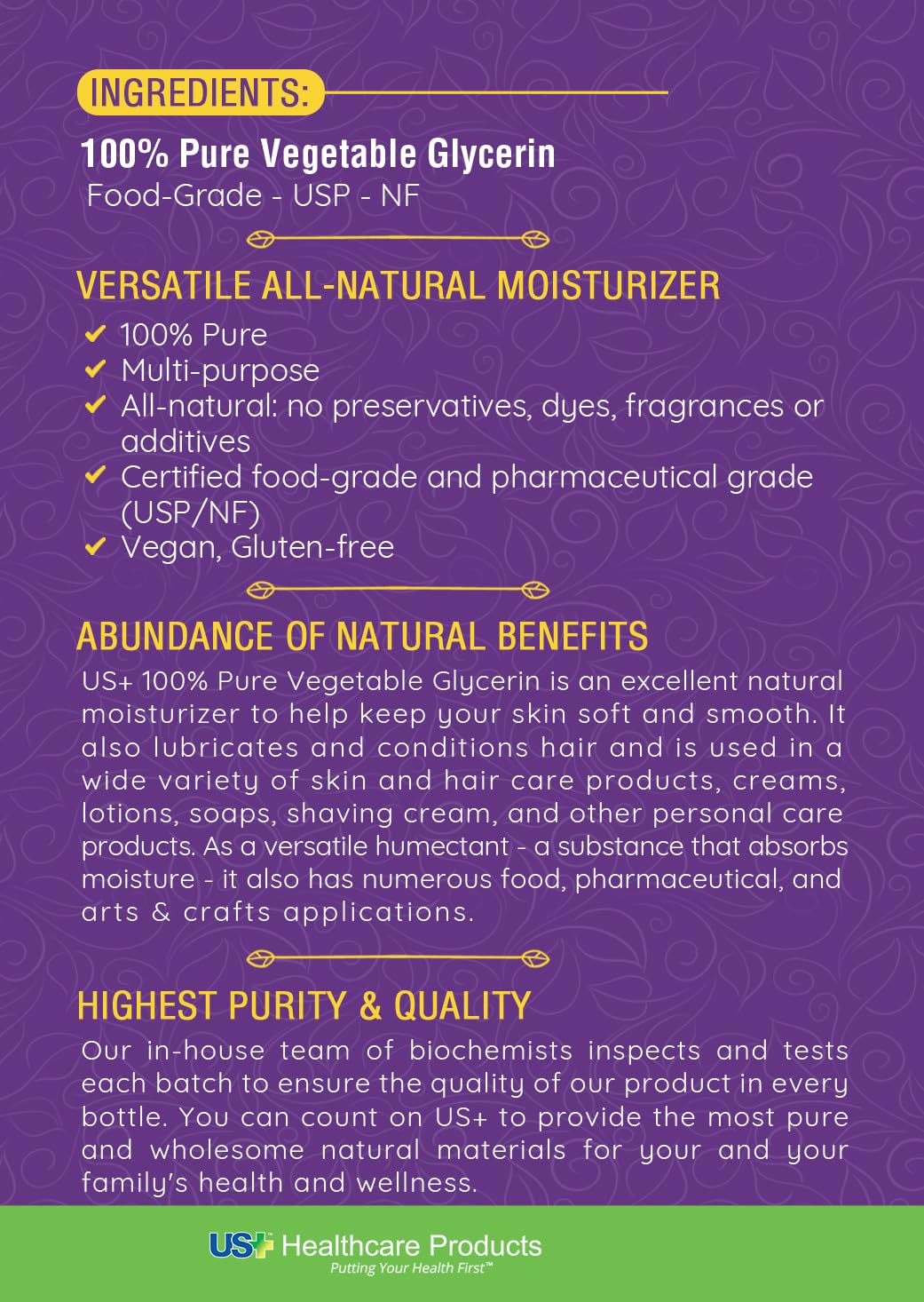 US+ 32oz glycerin uses scene suggesting skin, hair care and soap making possibilities