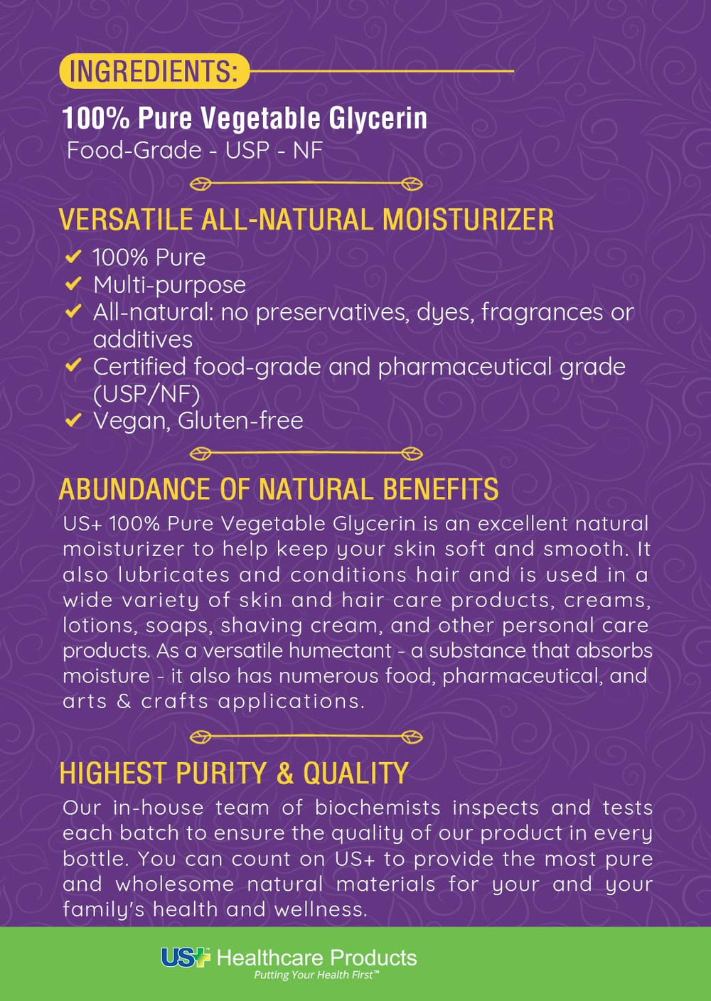 US+ 32oz glycerin uses scene suggesting skin, hair care and soap making possibilities