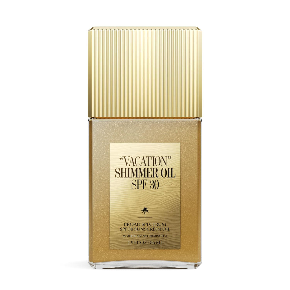 VACATION brillos-aceite corporal SPF30 en botella para uso diario.