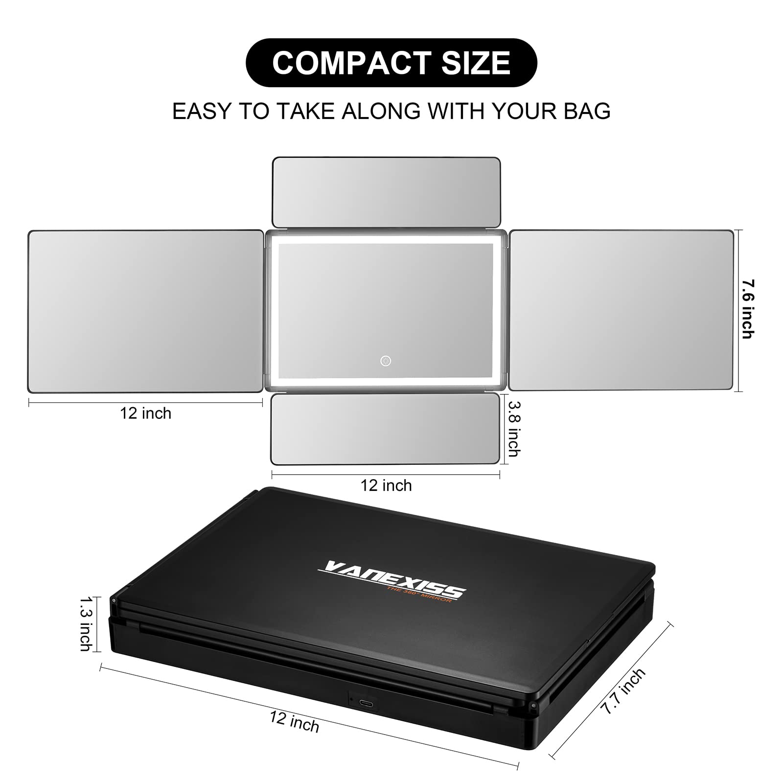 Miroir Vanexiss batterie rechargeable 1500 mAh pour une utilisation nomade.