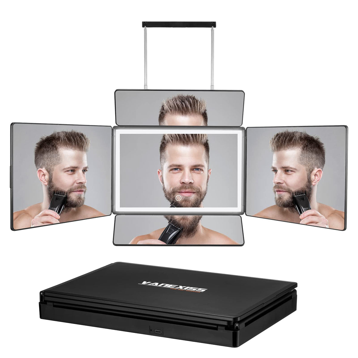 Miroir Vanexiss tri-pliant avec lumière LED pour une coupe précise.