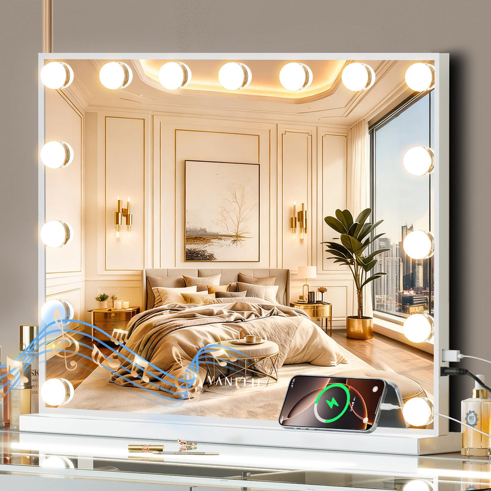 Vanitii Global: espejo Hollywood con luces LED para reflejo claro y maquillaje preciso.