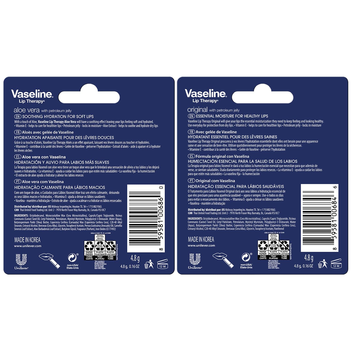 Vaseline Lip Therapy Aloe Vera, barra refrescante para labios secos y agrietados.