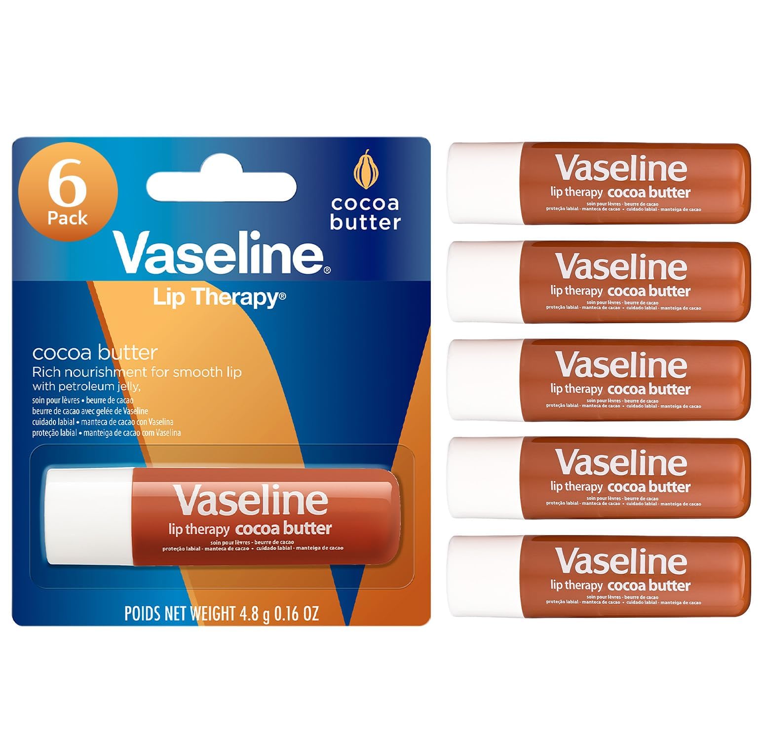 Vaseline Lip Therapy Cocoa Butter, frente: hidratación suave para labios.