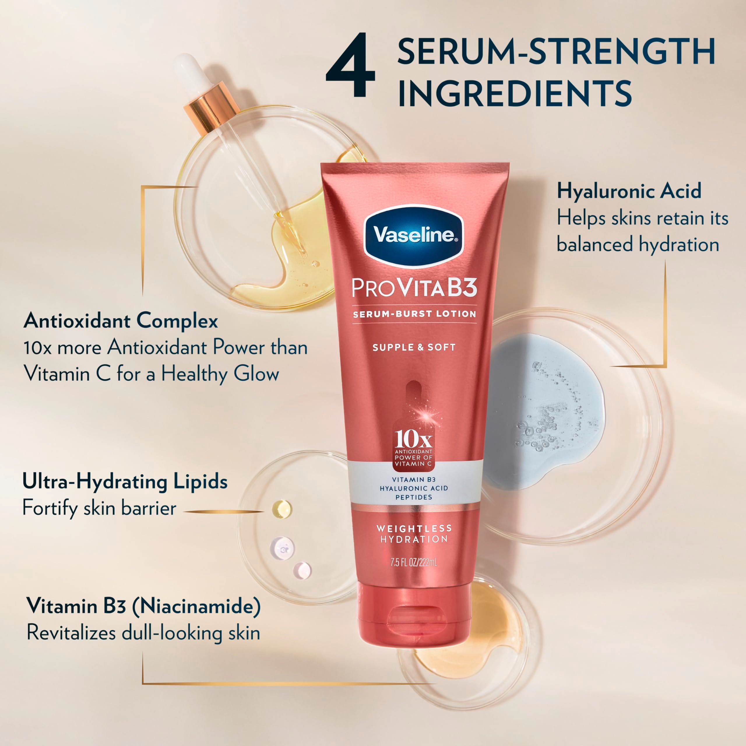 Vaseline Pro VitaB3 Serum Burst Test Dermatológicamente Evaluado para seguridad.