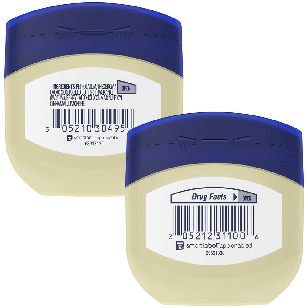 Vaseline Cocoa Butter Jelly en tarro de viaje para nutrición de la piel.