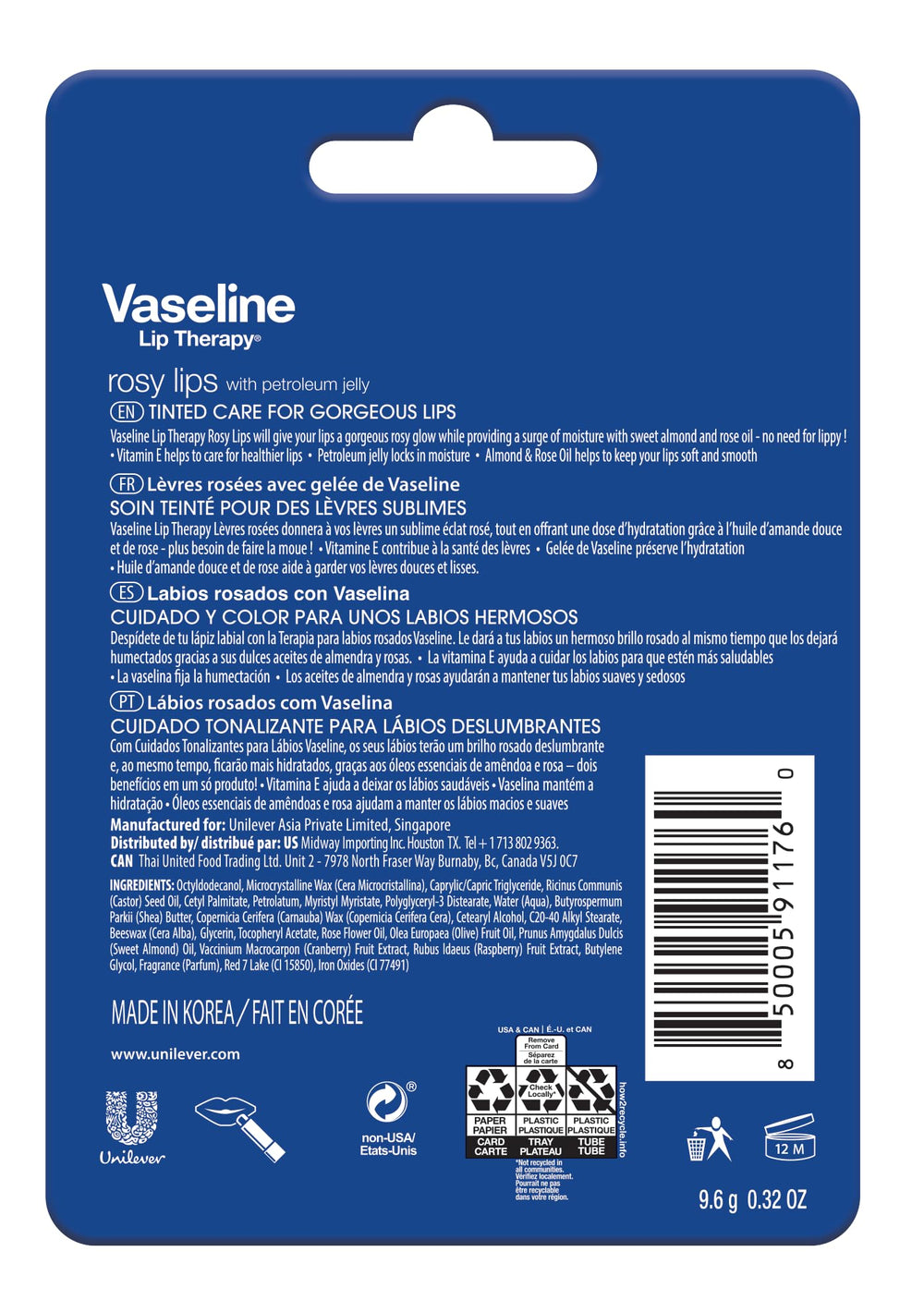 Vaseline Cuidado Labial Manteca de Cacao en barra, nutrición reconfortante para labios.