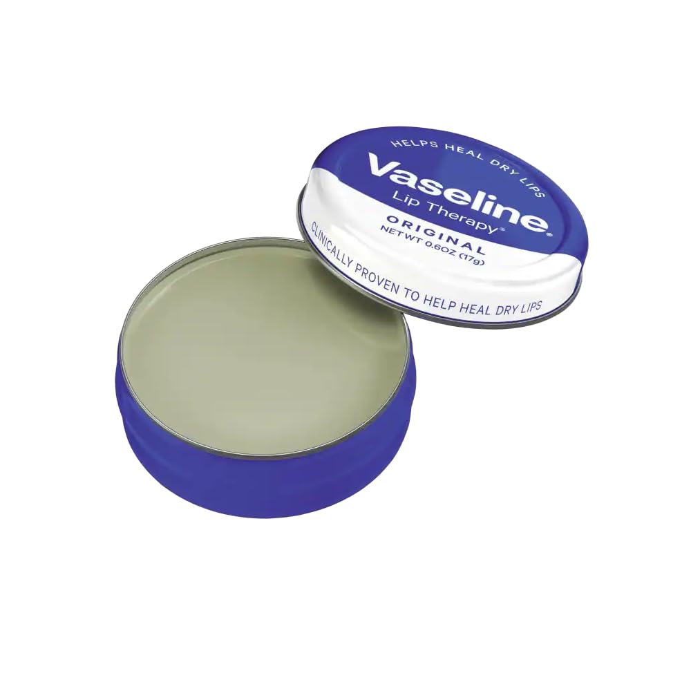 Vaseline Therapy Lip Balm Tin original pack side, compact steel container for on-the-go hydration
