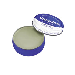 Vaseline Therapy Lip Balm Tin original pack side, compact steel container for on-the-go hydration