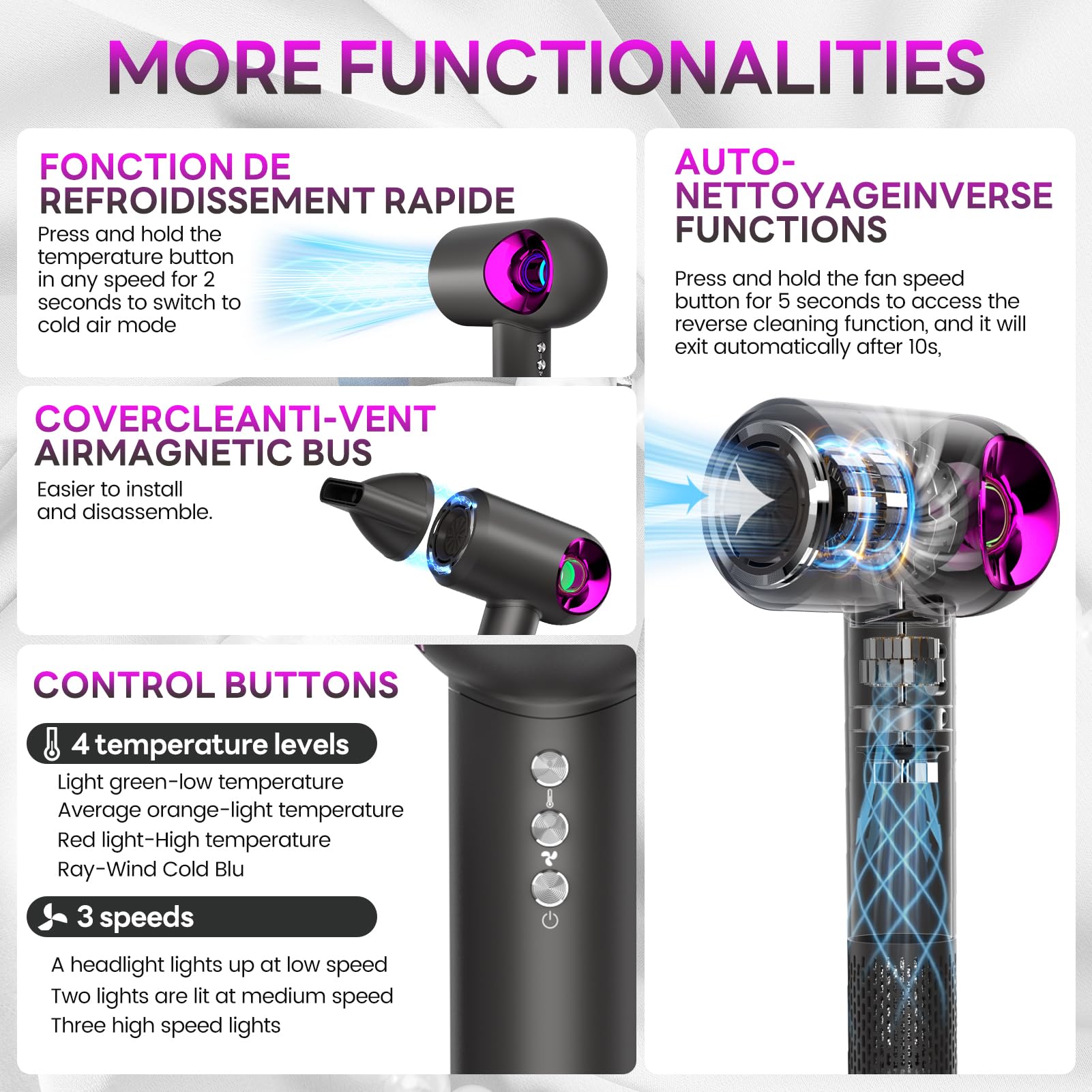 Vatsekui secador de pelo: accesorios magnéticos para concentrador y difusor fáciles de cambiar.