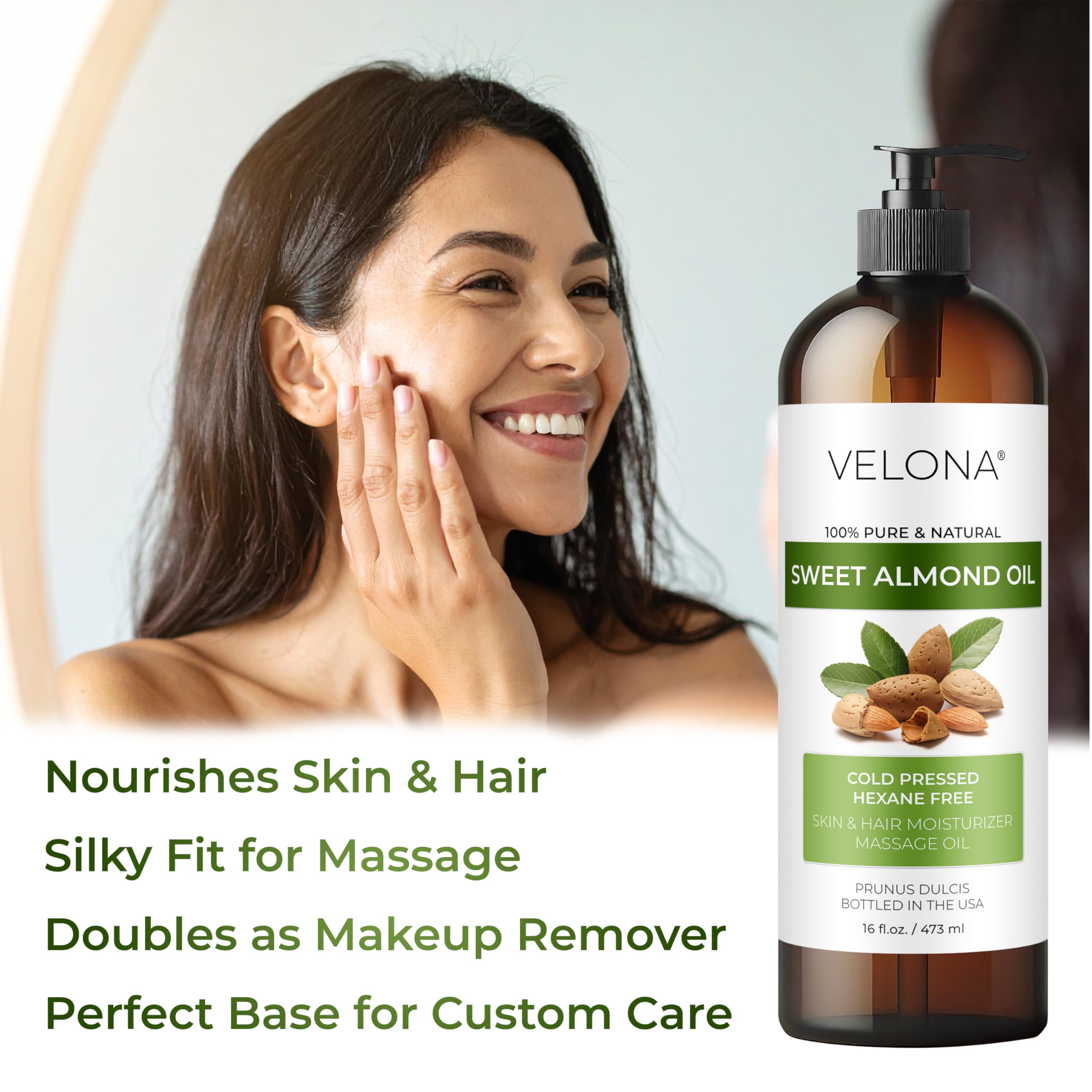 Velona Sweet Almond Oil during hair routine for softness and subtle shine.