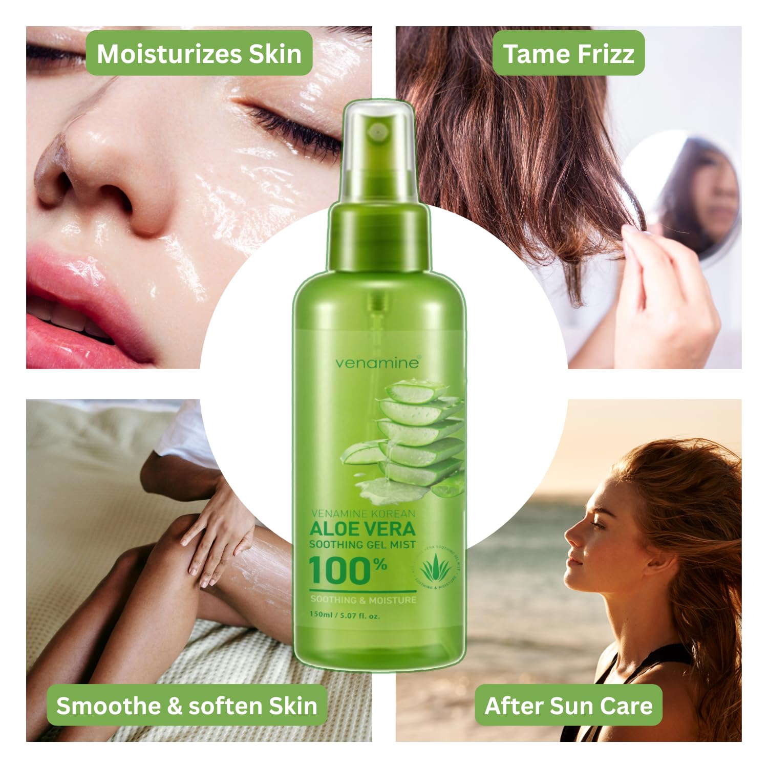 VENAMINE Aloe Vera Mist, textura gel clara, se absorbe rápidamente.