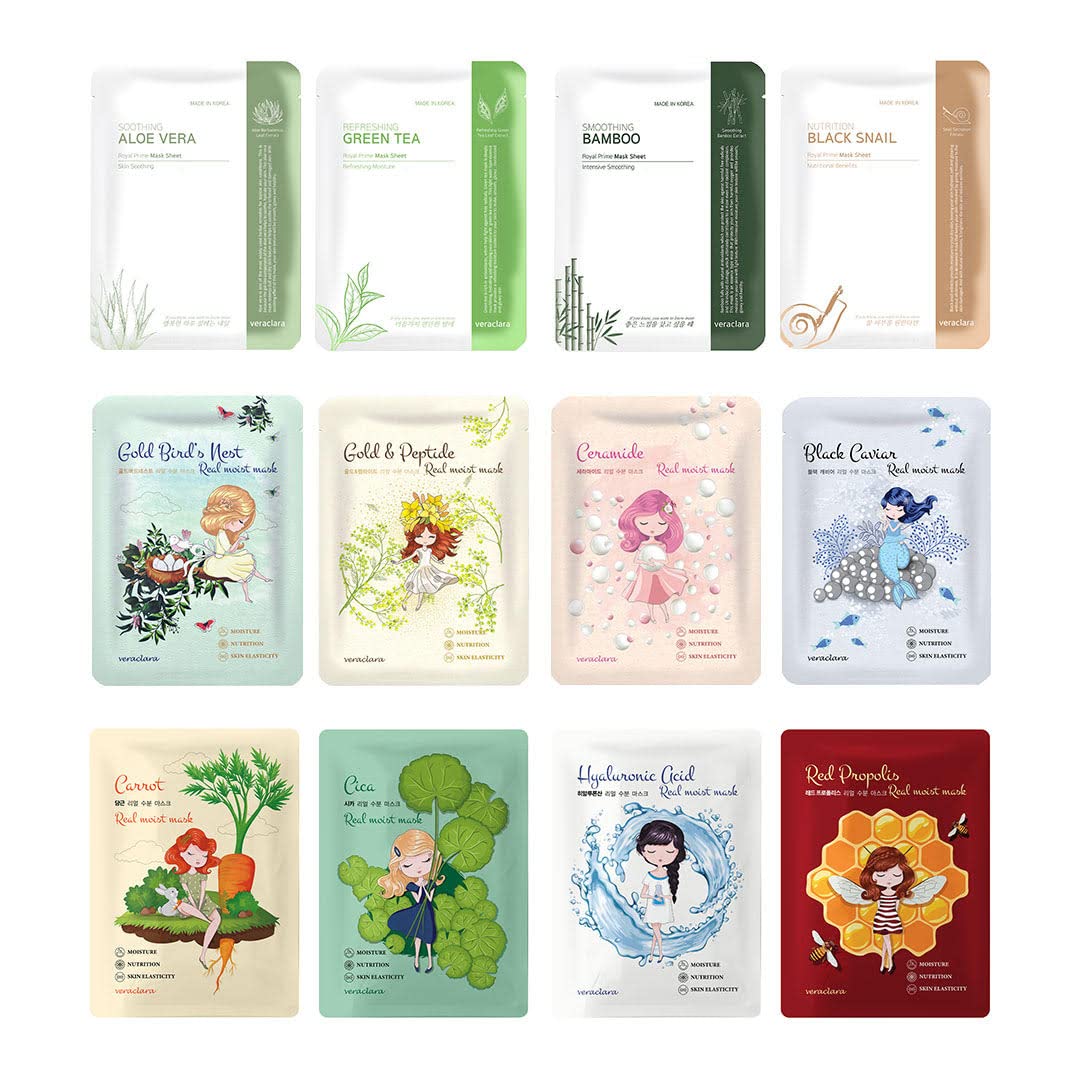 Veraclara mascarilla coreana 12combo presentación para cuidado suave.