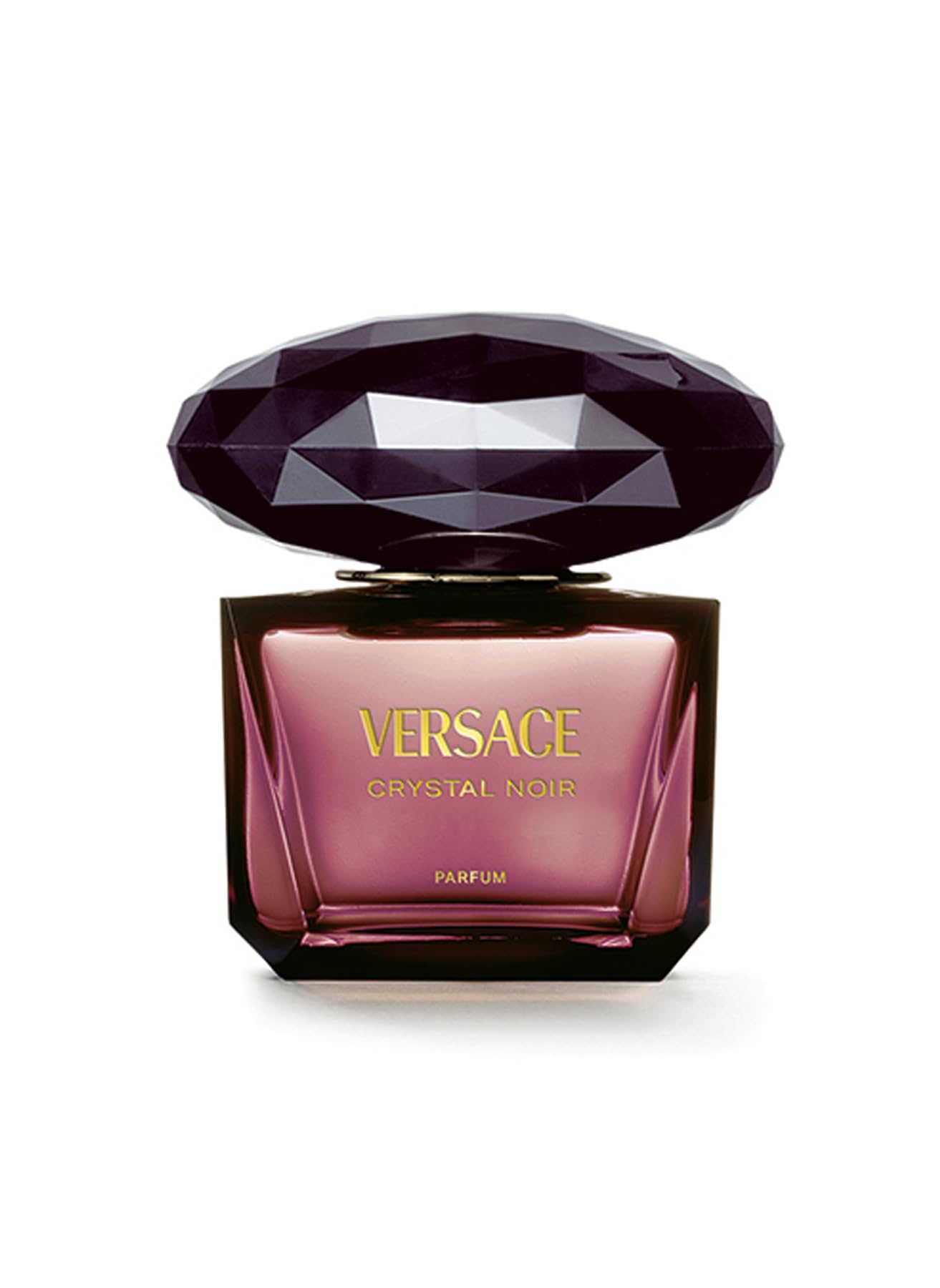 Versace Bright Crystal Noir Parfum frasco frontal, perfume para ocasiones elegantes y nocturnas.