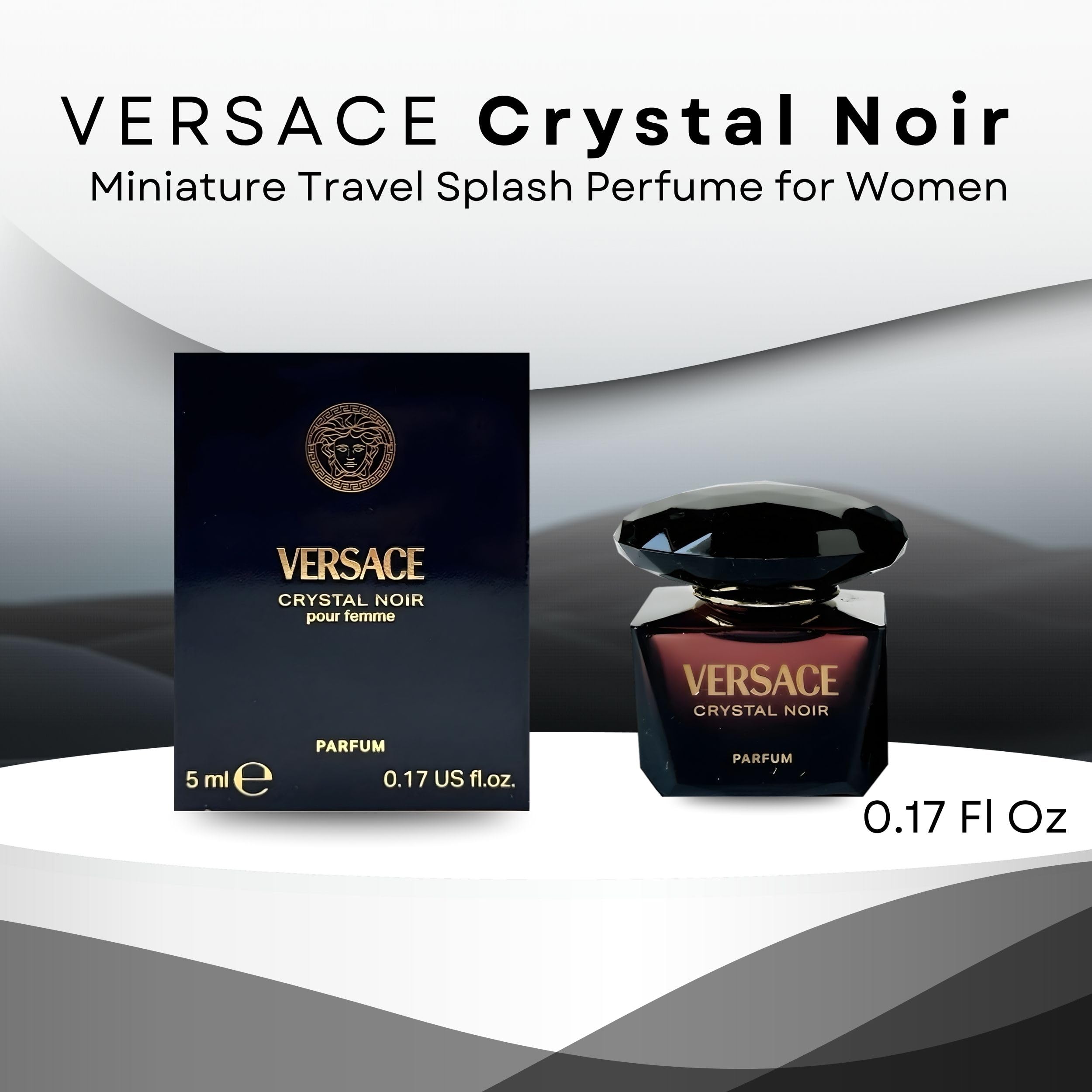 Versace Crystal Noir mini bottle cap close-up, portable fragrance for evenings.