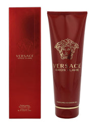 Bouteille Versace Eros Flame, gel douche parfumé pour une routine matinale rafraîchissante.