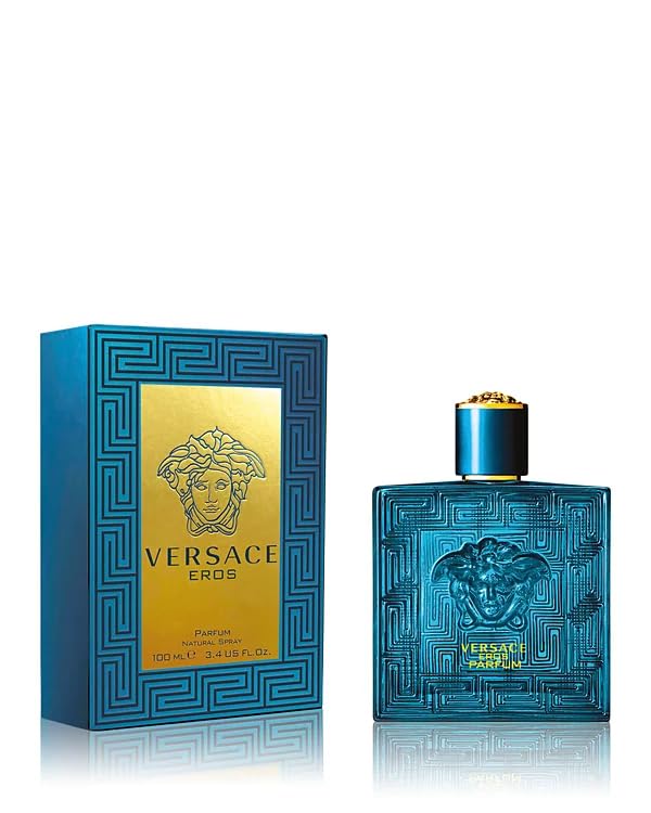 Versace Eros Parfum bottle close-up highlighting luxury details and scent promise.