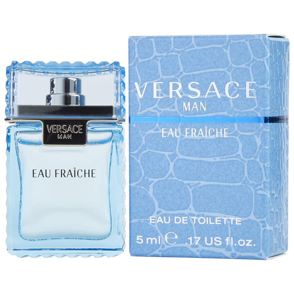 Versace Man Eau Fraiche mini frasco detalle logotipo: presentación elegante.