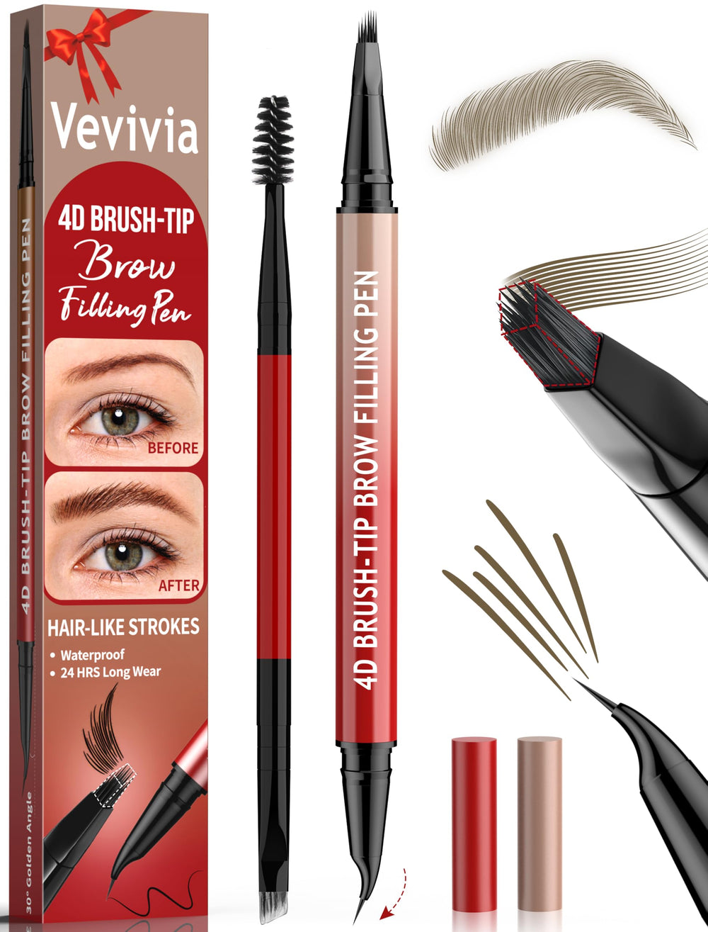 Lápiz de cejas Vevivia con cepillo 4D para trazos naturales y relleno suave.