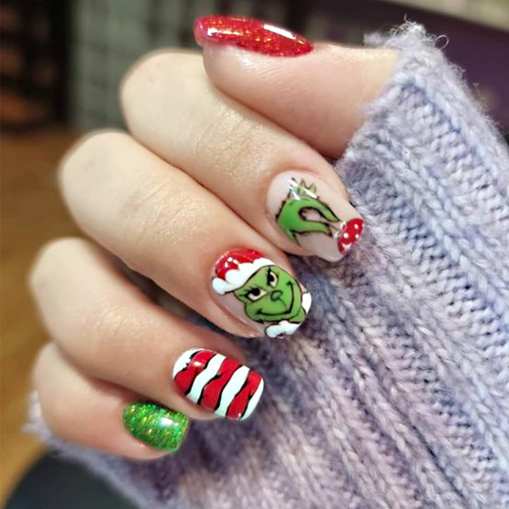 VGNRAR Uñas Navidad monstruo verde con luz, ideal para look festivo.