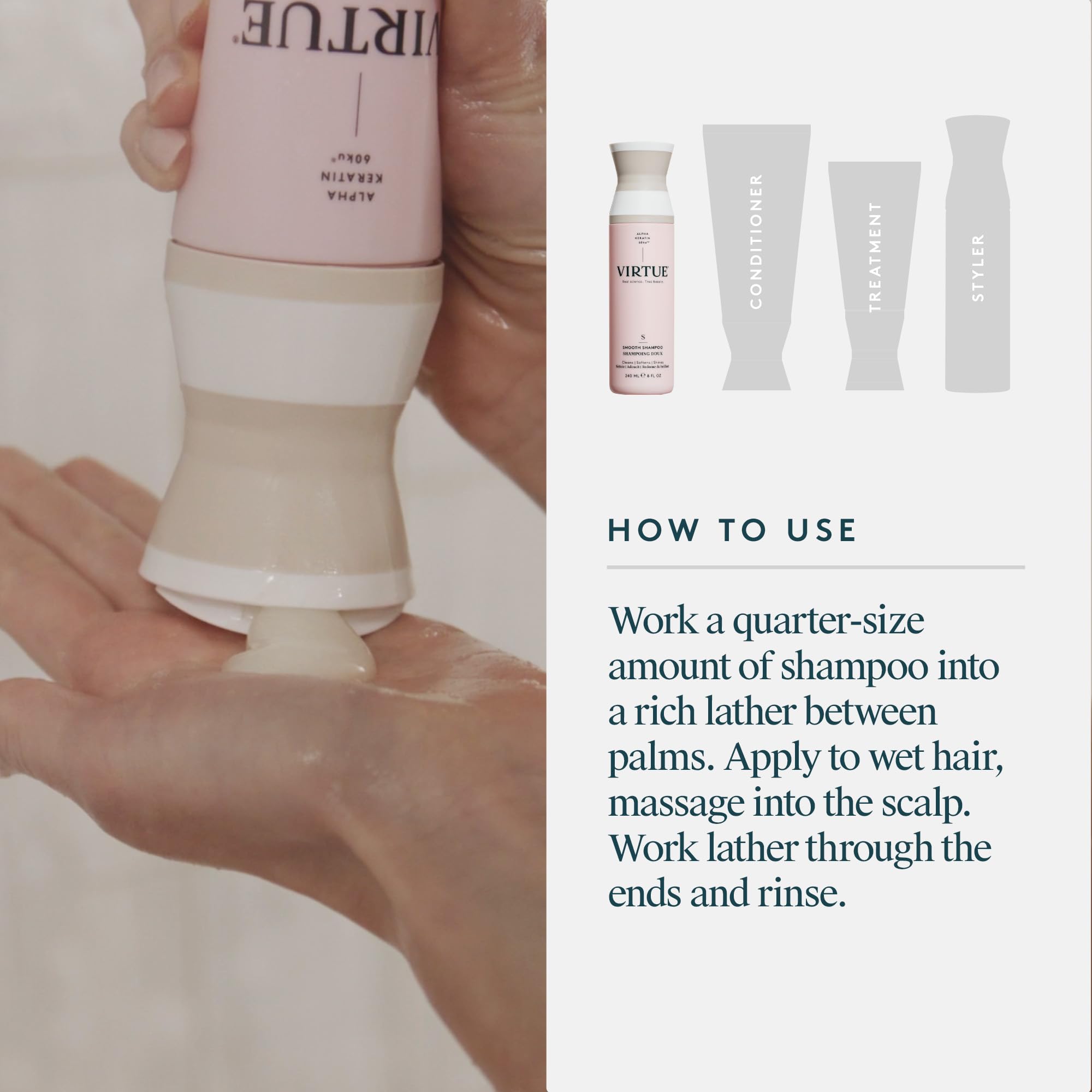 Repara cutículas con Virtue Champu Suave y reduce fricción