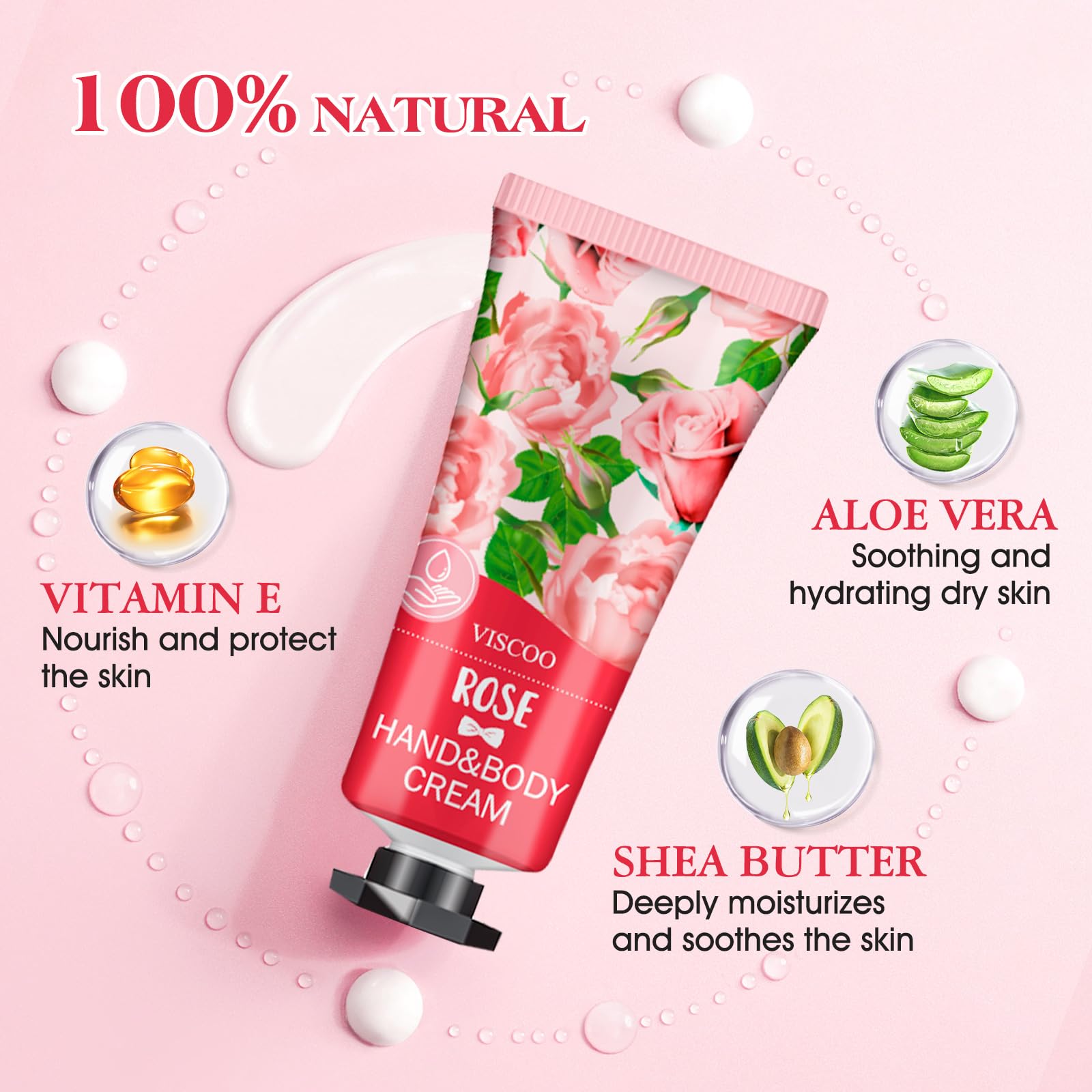 VISCOO crema de manos aroma rosa para piel suave y hidratación diaria.