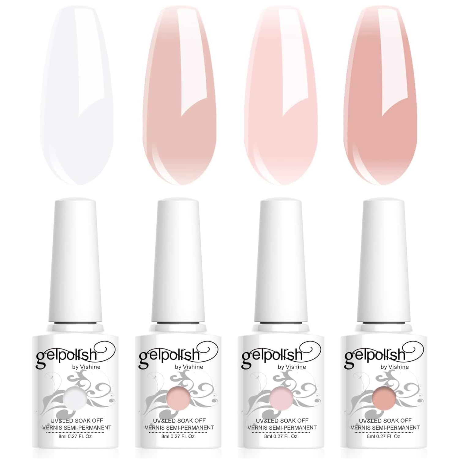 Vishine gel nude translúcido rosa lechoso en botella, ideal para manicura suave.
