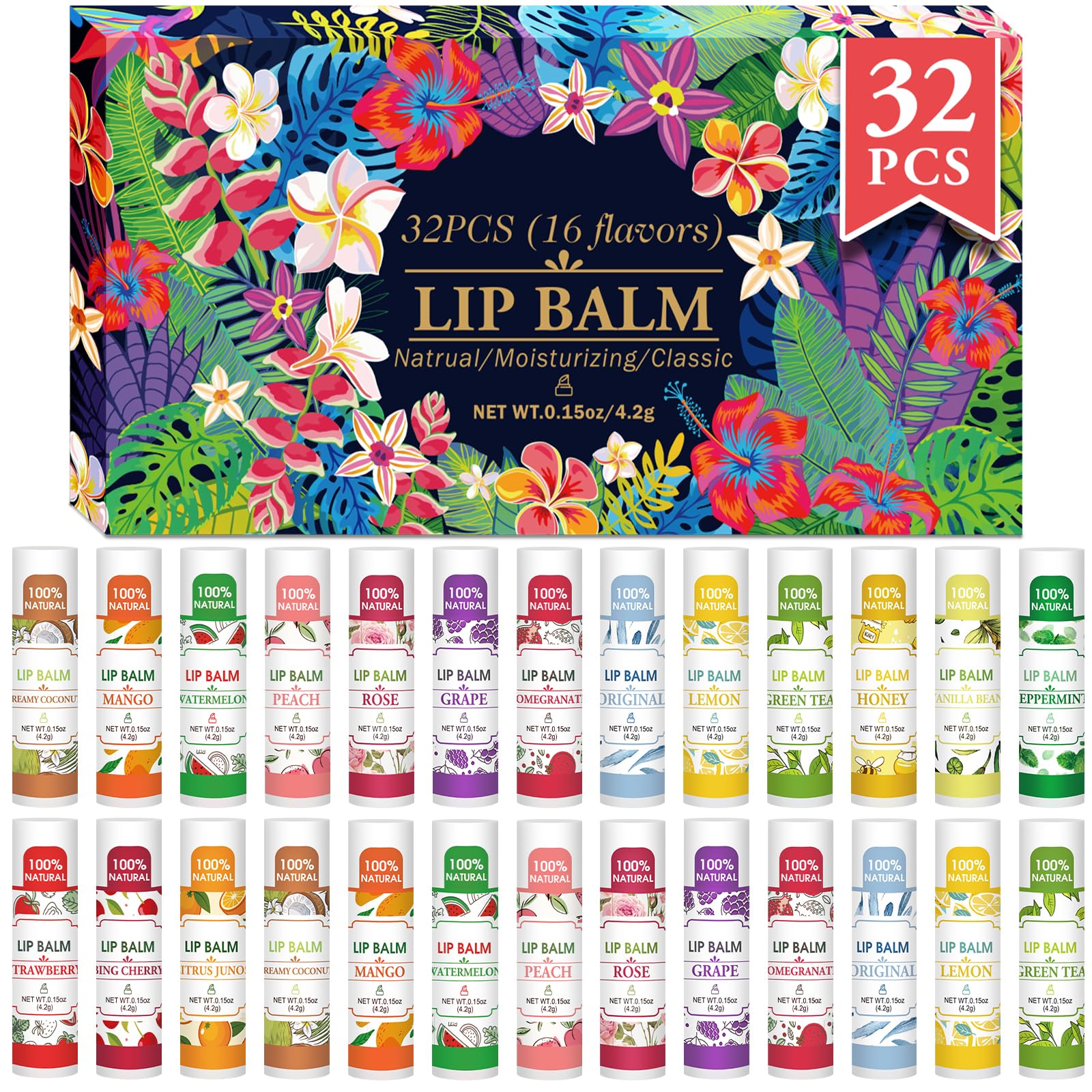 VISRIE bálsamo labial 32-pack en caja, regalo práctico para labios hidratados todo el día.