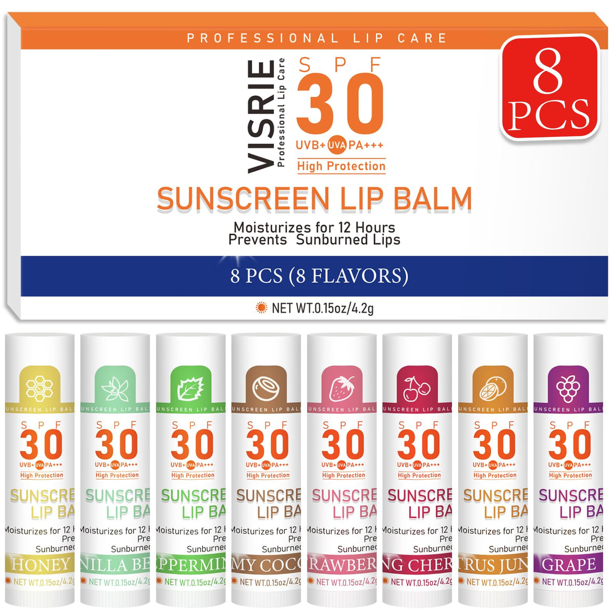VISRIE SPF30 bálsamo labial, 8 sabores, protección e hidratación en una caja práctica.