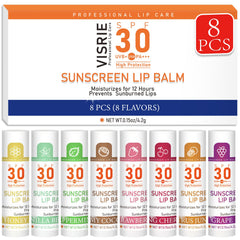 VISRIE SPF30 bálsamo labial, 8 sabores, protección e hidratación en una caja práctica.