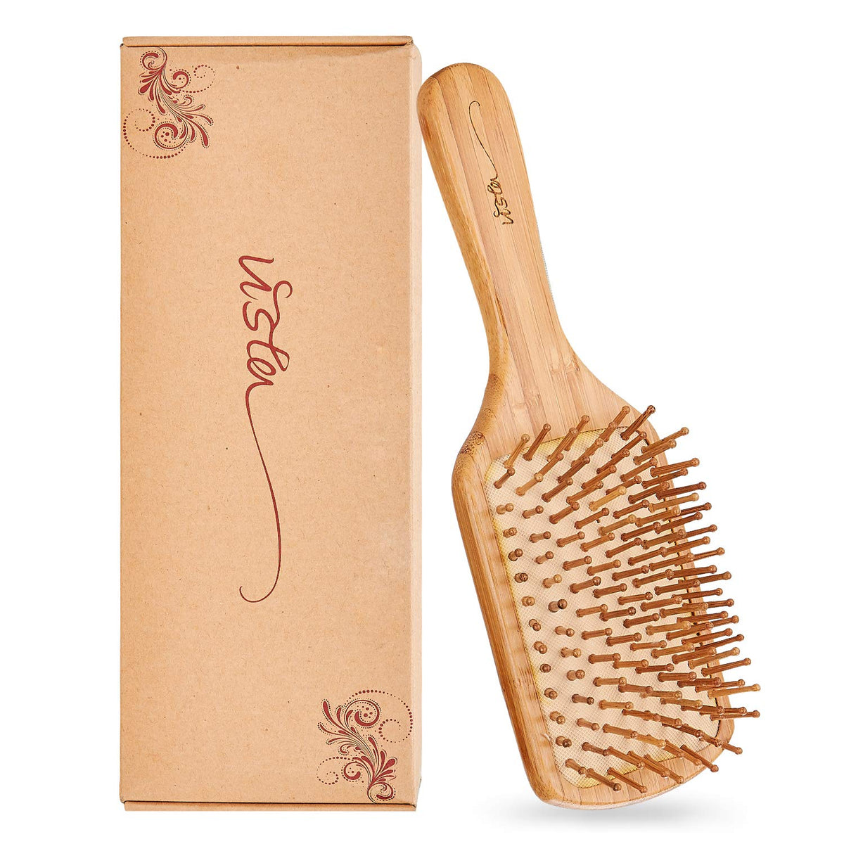 Vista cepillo bambú pala: masaje suave del cuero cabelludo para cabello saludable.