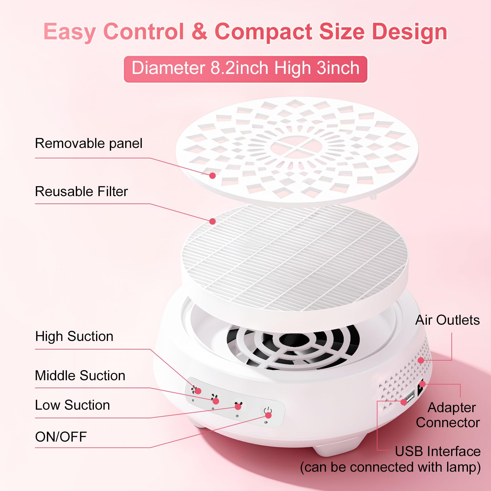 Diseño compacto y portátil ideal para mesa de uñas.