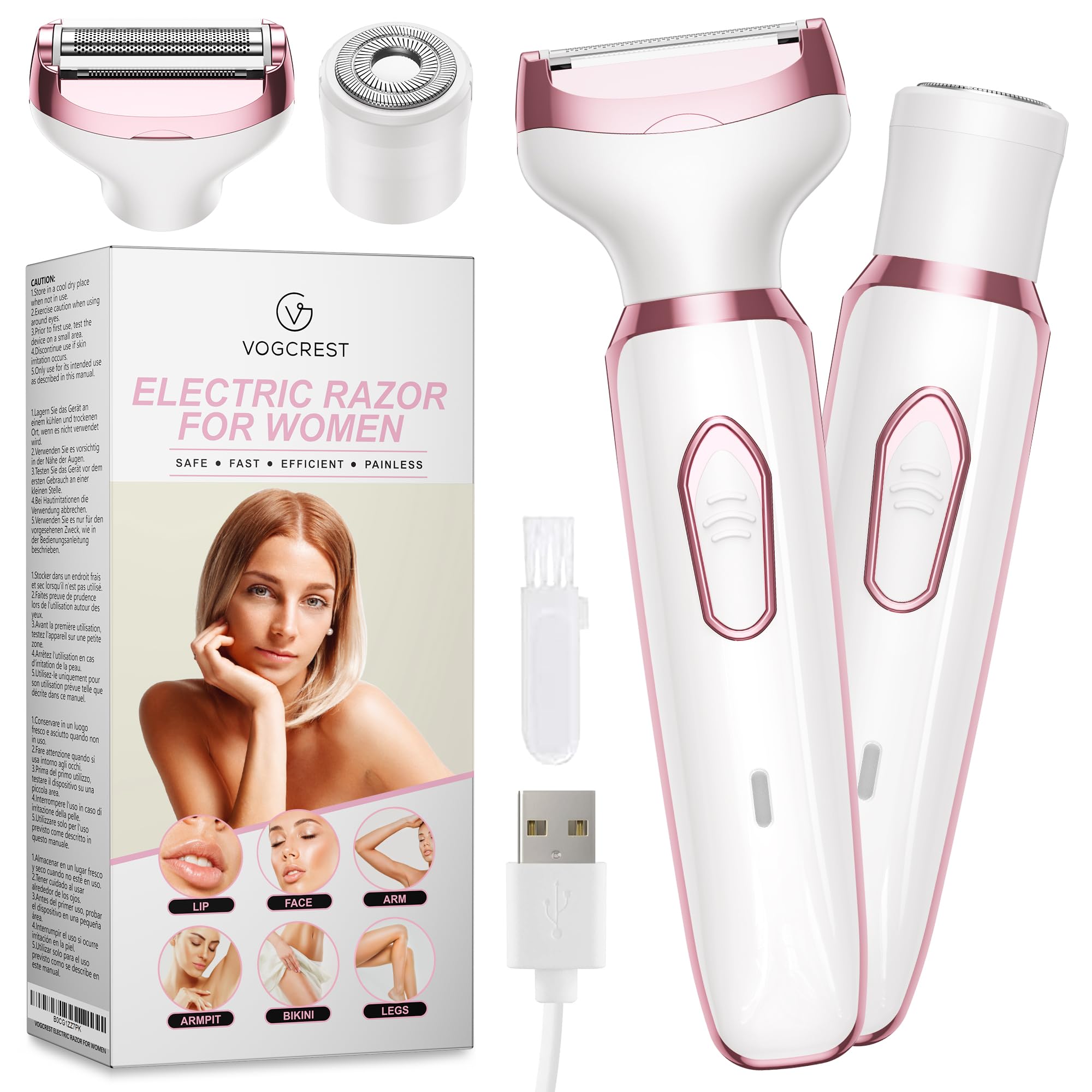 VG VOGCREST rasuradora 2 en 1 para mujer, enfoque en cabezal facial para uso diario.