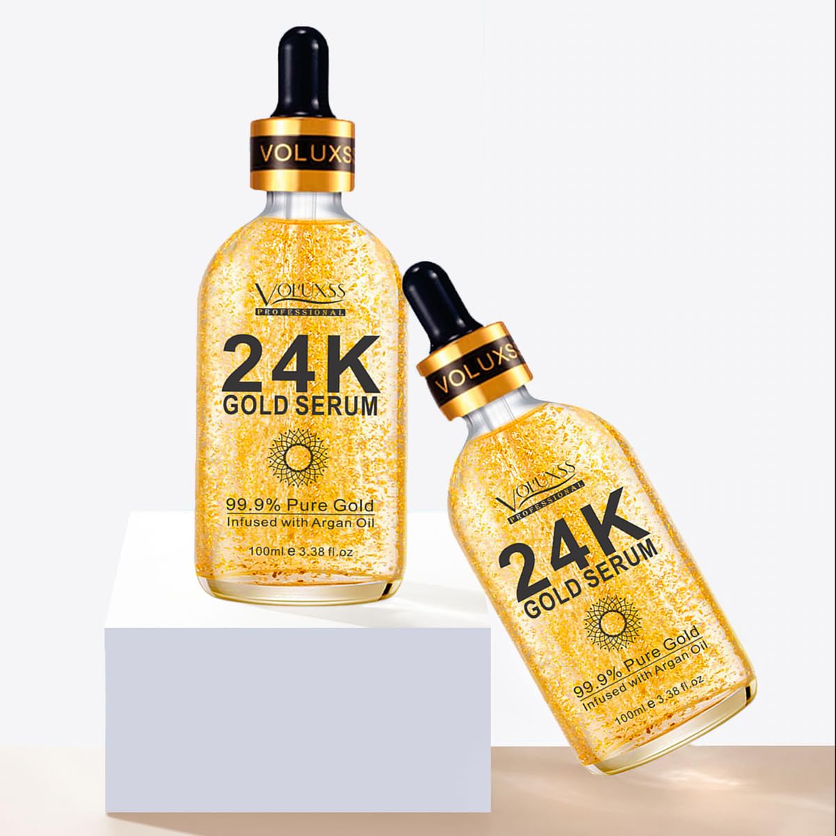Voluxss 24K suero, brillo suave y efecto resplandor.