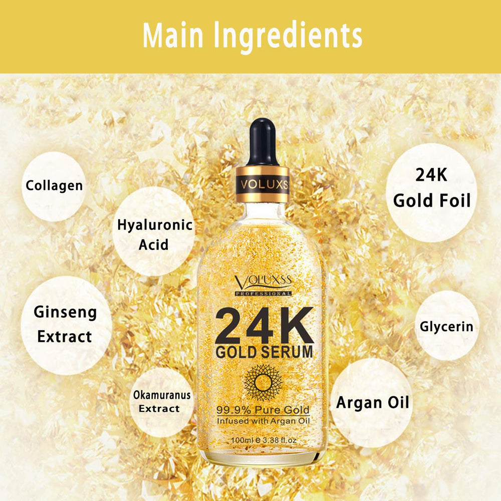 Voluxss 24K suero de oro, ingredientes con vitamina C para nutrición.