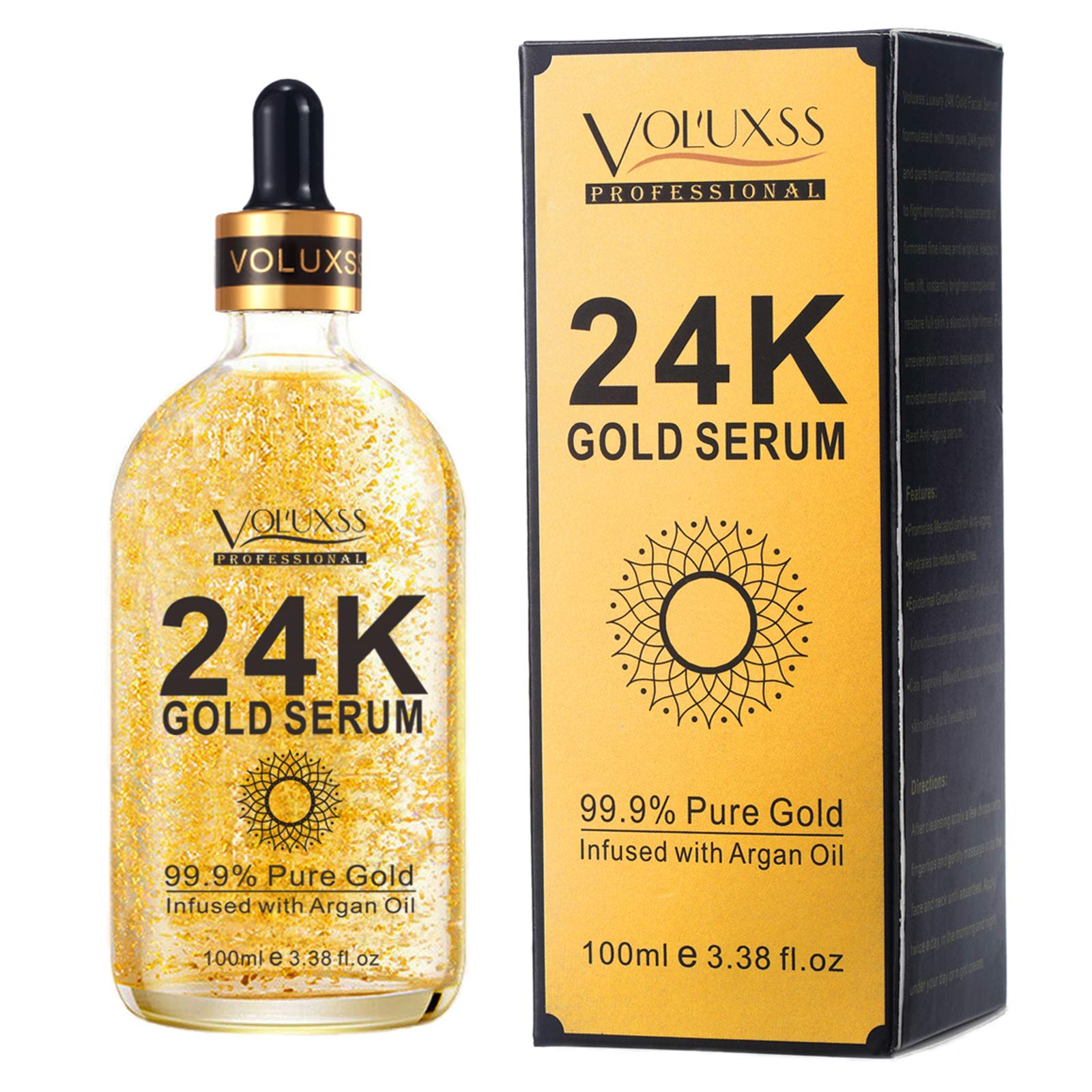 Voluxss 24K suero de oro en bote de vidrio, aporta brillo facial y luminosidad.