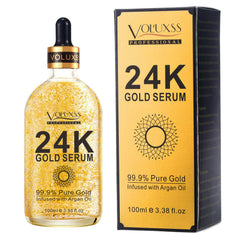 Voluxss 24K suero de oro en bote de vidrio, aporta brillo facial y luminosidad.
