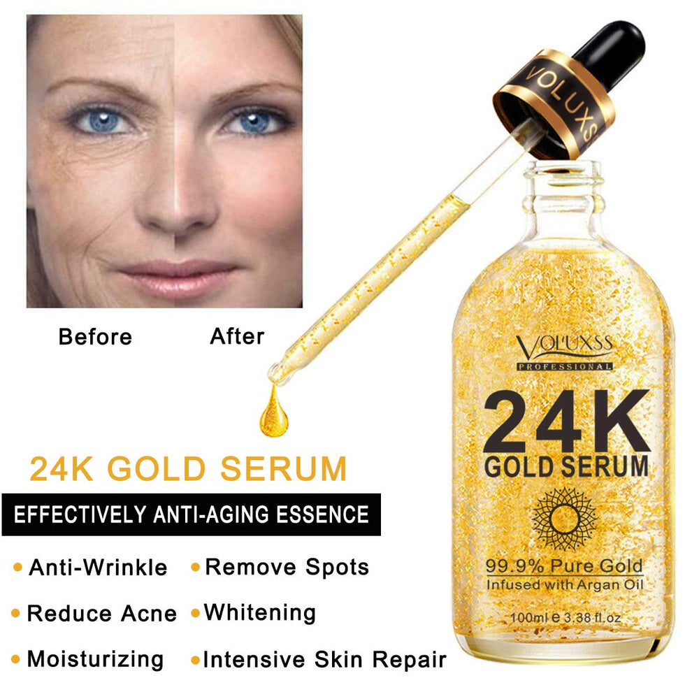 Voluxss 24K suero de oro, textura ligera para hidratación que no pesa.