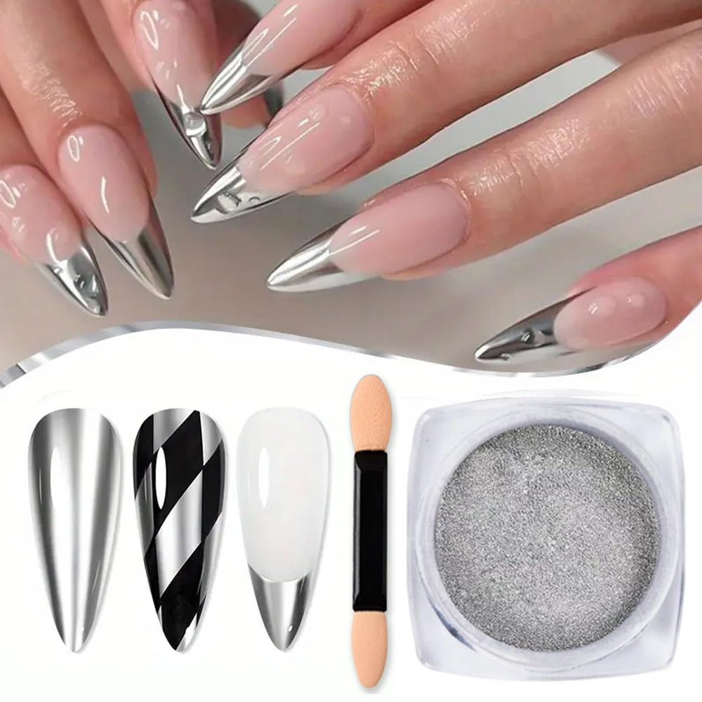 Vonrui polvo espejo plata para tutoriales de uñas, resultado acabado pulido.